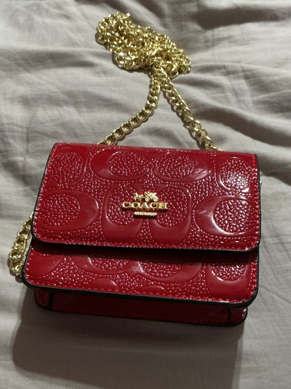 Coach Red Patent Signature Crossbody with Gold Chain Strap